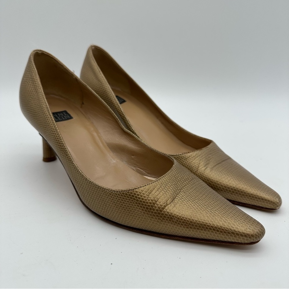 Anne Klein Gold Reptile Embossed Leather Kitten Heels